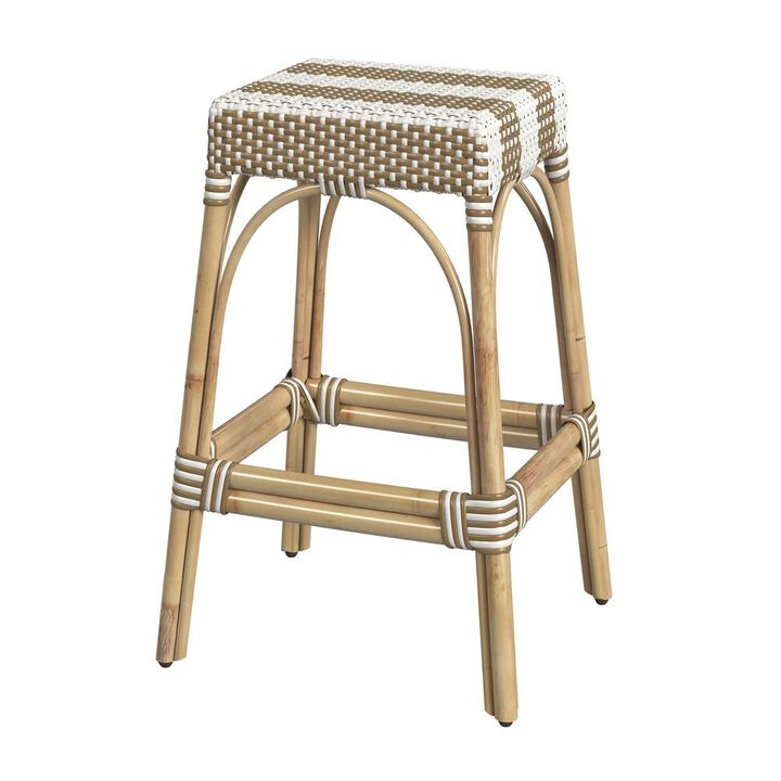 Butler Specialty Robias Rectangular Rattan 30 Bar Stool, Tan and White Stripe