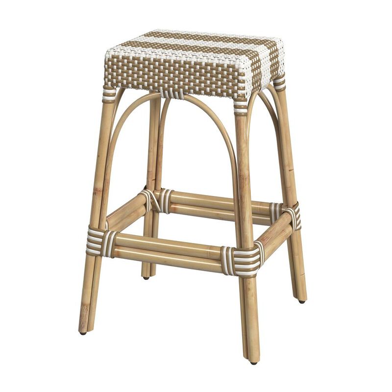 Butler Specialty Robias Rectangular Rattan 30 Bar Stool, Tan and White Stripe