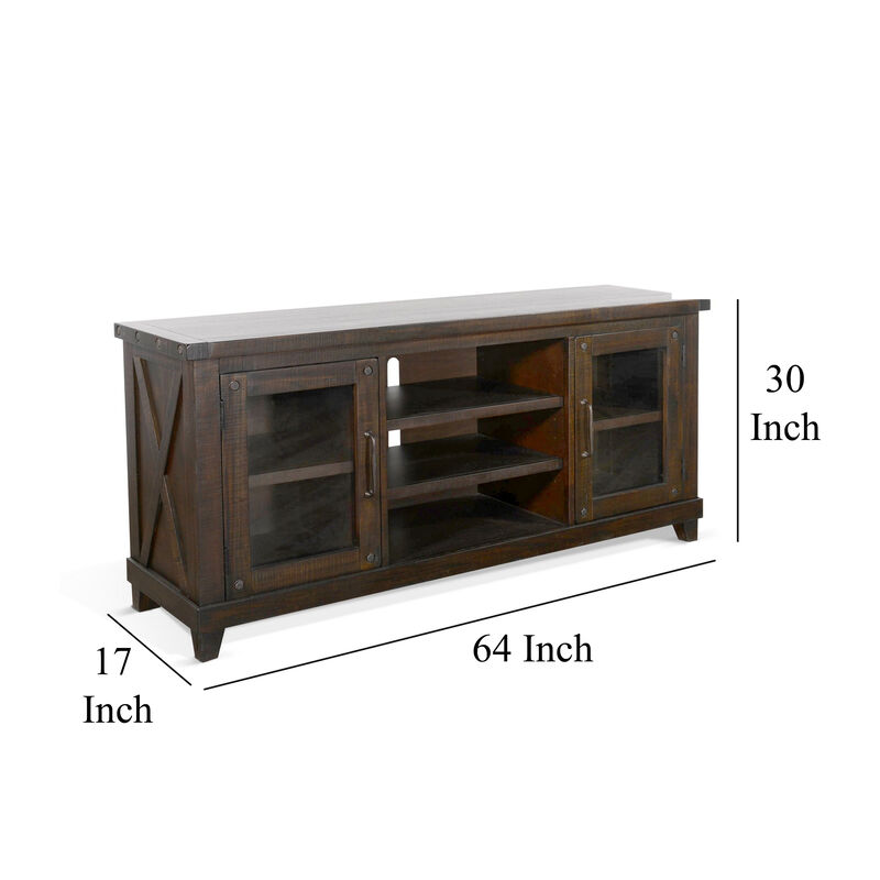 Anva TV Media Console, Shelves, Doors, Dark Brown Mahogany, 64 Inch - Benzara