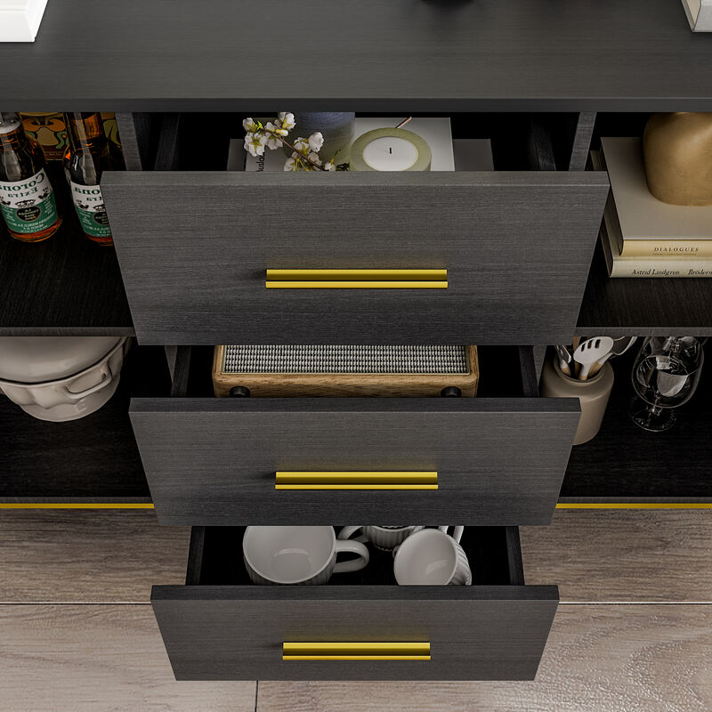 Black Storage Accent Cabinets with 3-Drawers and 2-Cabinets, Metal Legs Cupboard Floor-Standing Sideboard
