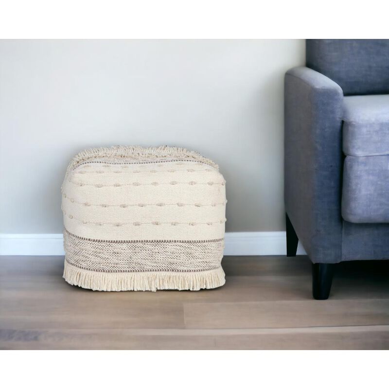 Hivvago 18 Inch Cream Cotton Striped Pouf Ottoman