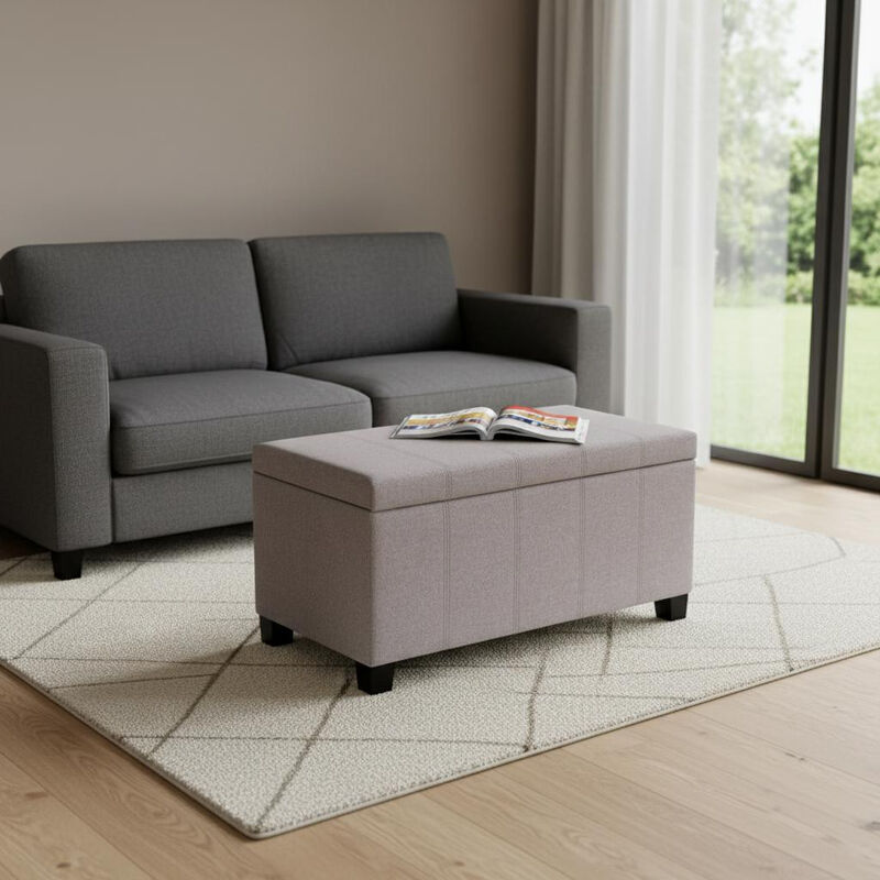 HomeRoots 36" Light Gray and Dark Brown Faux Linen and Solid Wood Upholstered Storage Bench With Flip Top image number 1