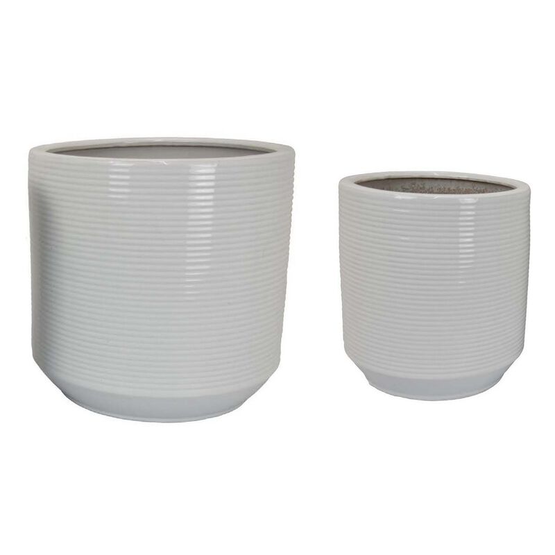 Fusie Planter Set of 2, Round, White Ceramic, Horizontal Texture - Benzara