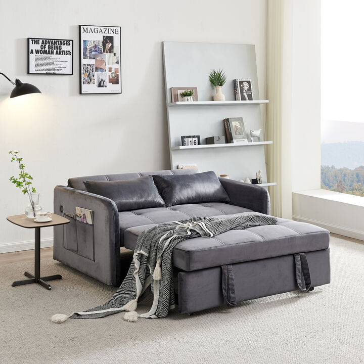 55.5" Twins PUll Out Sofa Bed Grey Velvet