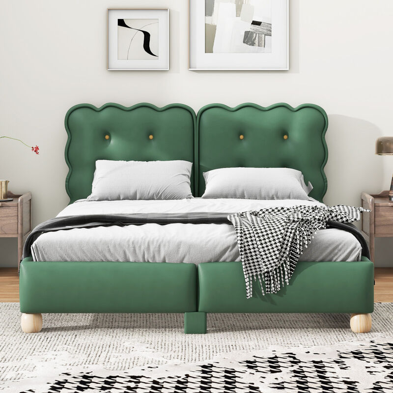 Queen Size Upholstered Platform Bed with Support Legs, Green