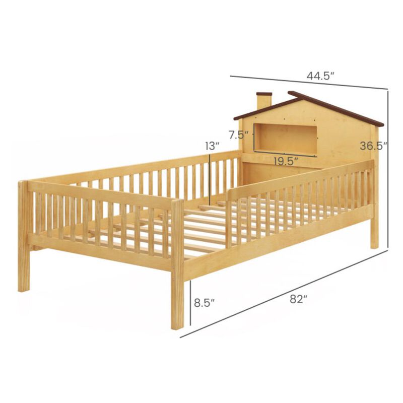 Hivvago Twin Size Kids Montessori Bed with House-Shaped Headboard and Built-in Storage Shelf