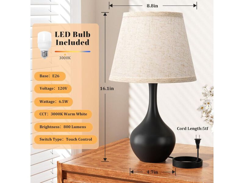 16 Inch Touch Table Lamps Set with 3 Way Dimmer for Bedroom