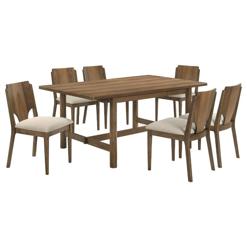 Billie 7pc Dining Table and 6 Chairs Set, Rich Walnut Brown and Beige - Benzara