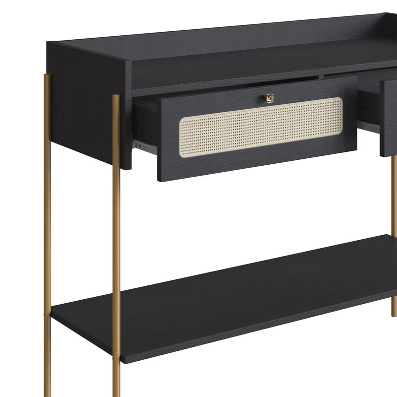 Boho Console Entry Table Iron Gold Legs and Rattan 2-Drawer -Nero Black