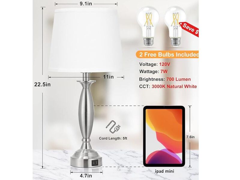 Touch Table Lamp – 3-Way Dimmable, USB-C/A & AC Outlet, Phone Stand