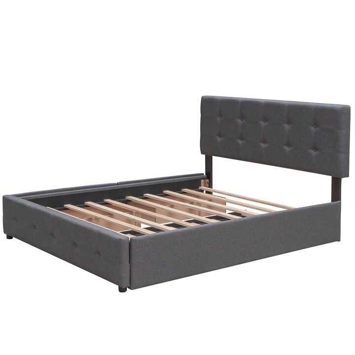 Whisen Queen Size Upholstered Platform Bed with 2 Drawers & Twin XL Trundle, Linen Fabric Space-Saving Bed for Bedroom