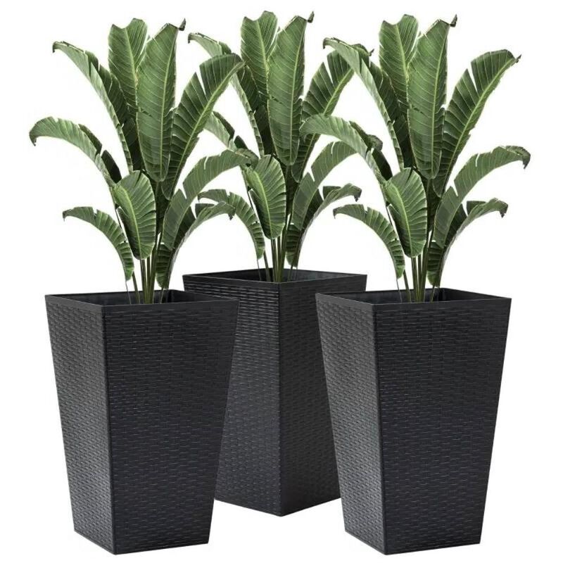 Hivvago Set of 3 - Brown Faux Rattan Plastic Tall Large Flower Pots