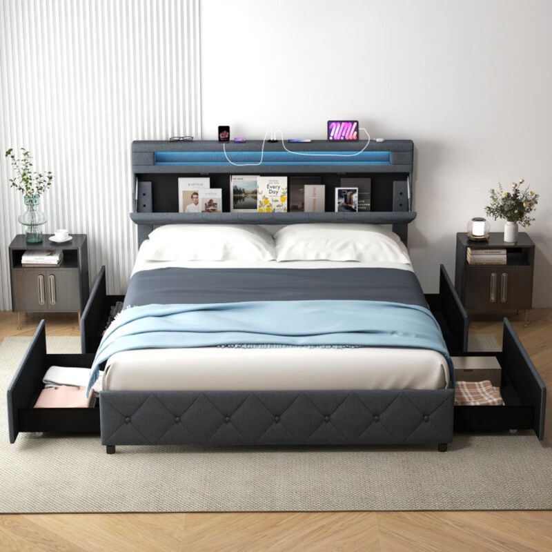 Hivvago Queen Size Bed Frame with Adjustable Storage Headboard and Wooden Slat Support