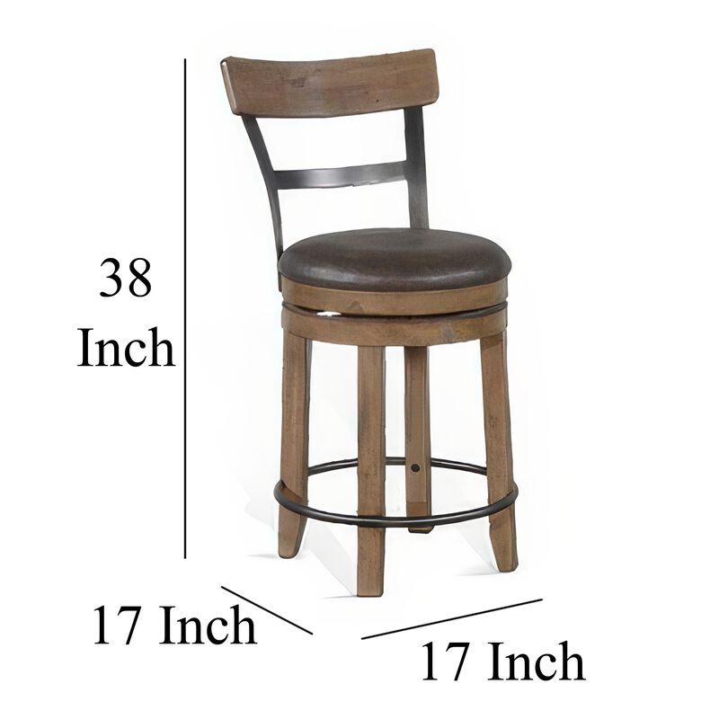 Yael Swivel Counter Stool Chair Set of 2, Gray Faux Leather Brown Wood - Benzara