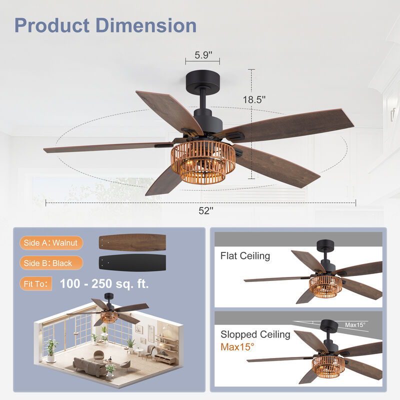 Breezary 52" Ceiling Fan with Lights,Wood Blades, Remote Control, 6 Speeds image number 5