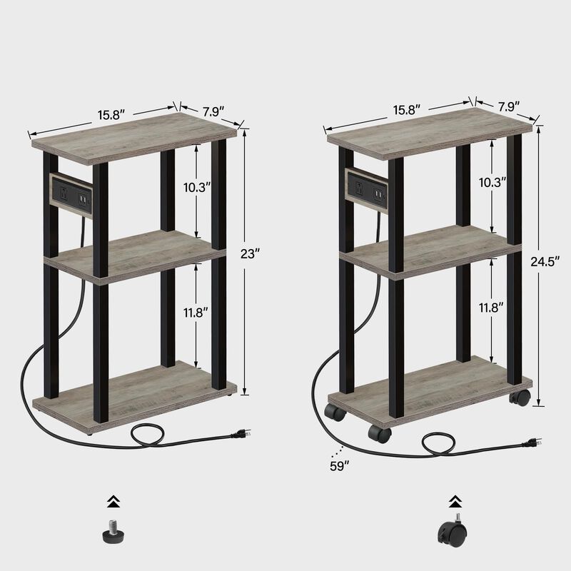 TUTOTAK Small Narrow Side Table with Charging Station, Skinny End Table for Small Spaces, Slim Nightstand with USB Ports and Out