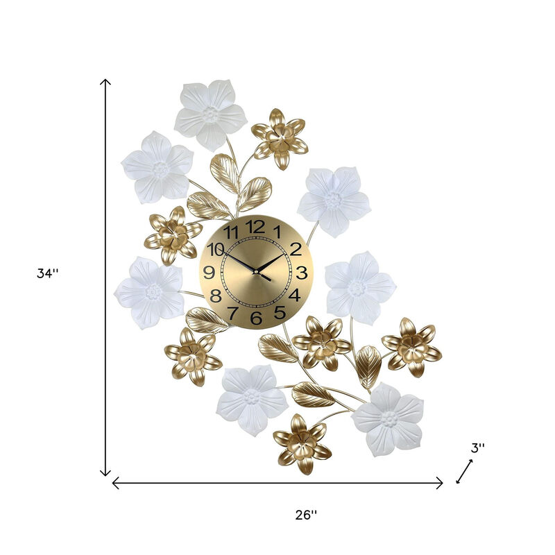 HomeRoots 26" Gold White And Black Metal Silent Analog Floral Wall Clock image number 4