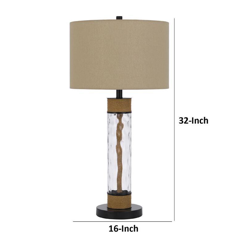 32 Inch Table Lamp, Rippled Glass Body with Rope, Burlap Shade, Metal Base image number 7