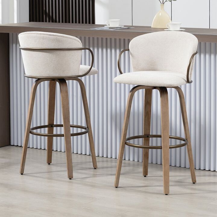 Glamour Home Set of 2 Beige Washed Woven Fabric Swivel Bar Stool Wood Legs