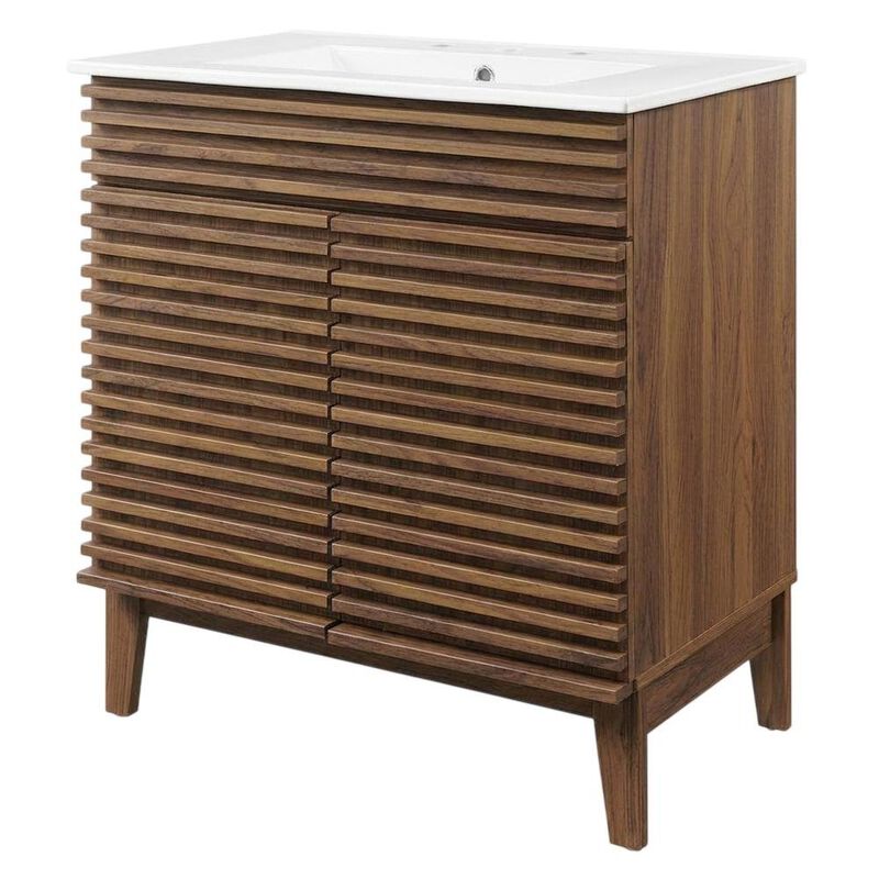 Walnut White 30-Inch Floor-Mount Bathroom Vanity Cabinet with Sink image number 0