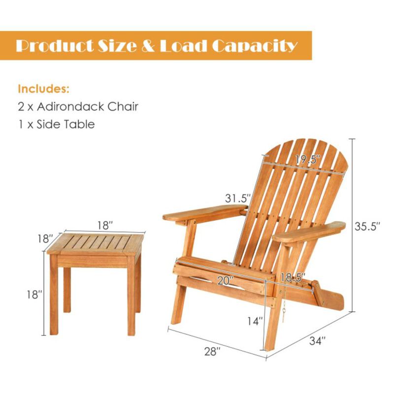 Hivvago 3 Pieces Adirondack Chair Set with Widened Armrest
