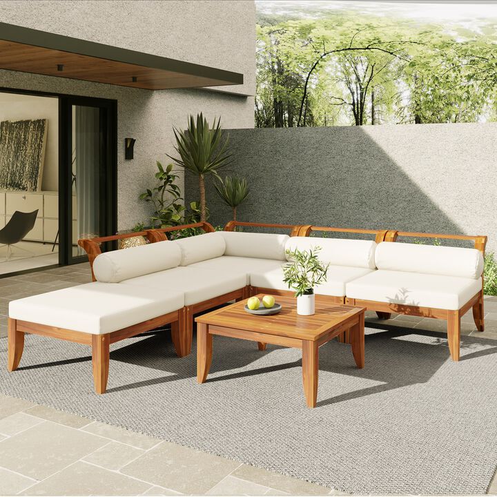 Whisen 6-Piece Acacia Wood Outdoor Seating Set, L-Shaped Garden Sectional, Convertible Daybed with Tea Table