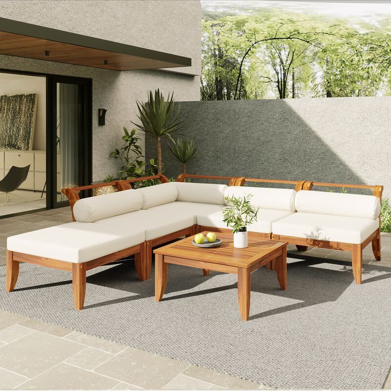 Whisen 6-Piece Acacia Wood Outdoor Seating Set, L-Shaped Garden Sectional, Convertible Daybed with Tea Table image number 1