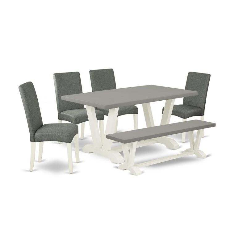 East West Furniture V096DR207-6 6-Pc Dinette Set - 4 Parson Chairs, a Mid Century Bench Cement Top and 1 Modern Cement Dining Room Table Top with High Chair Back - Linen White Finish