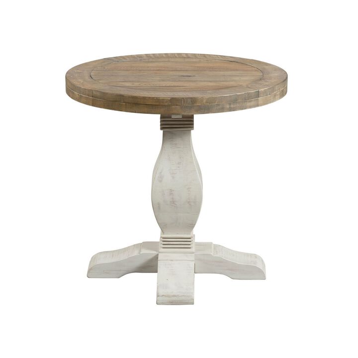 26 Inch Round End Table with Pedestal Base, Brown and White-Benzara