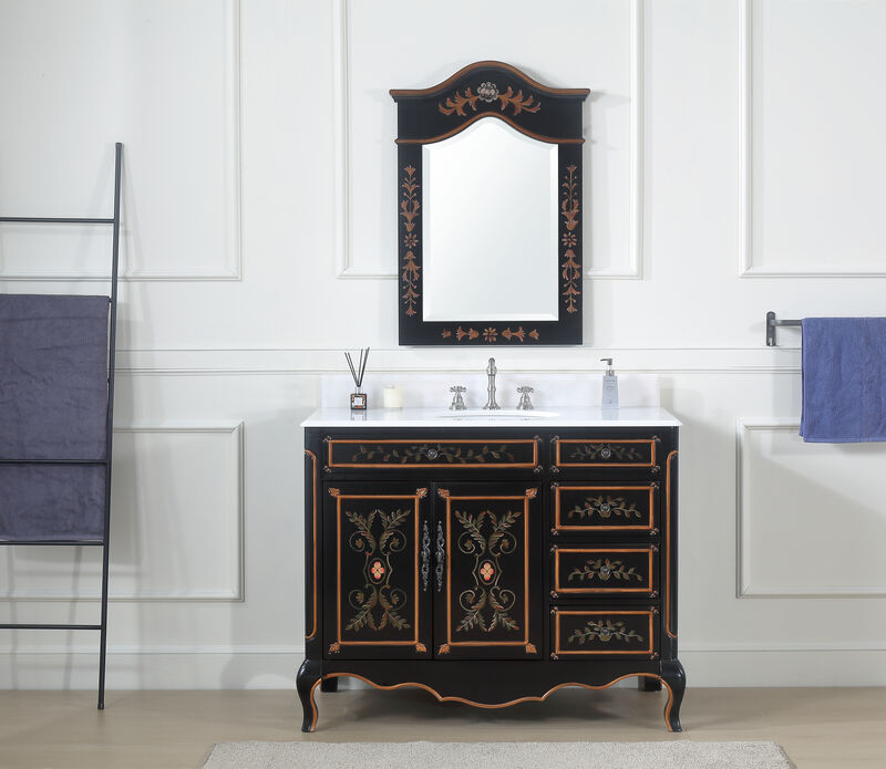 42 Inch Black Hand-Painted Floral Decoroso Bathroom Vanity With Side Drawers image number 4