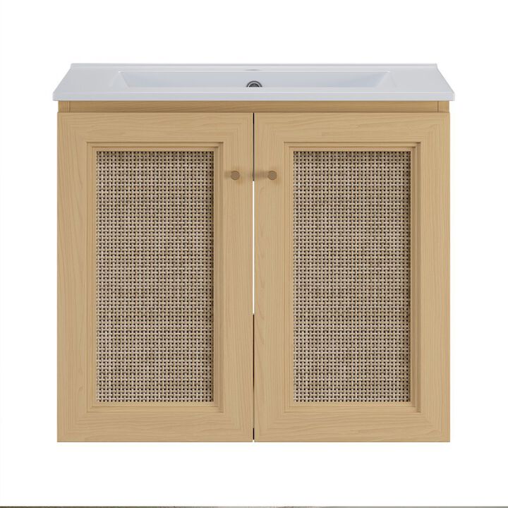 24" Wall-Mounted Bathroom Vanity in Natural Oak, Single Faucet Hole Vanity Top