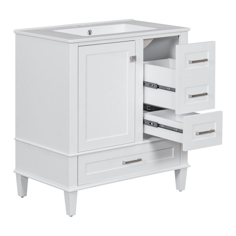 Whisen 30 in. Bathroom Storage Cabinet Bathroom Vanity with Ceramic Sink, Soft Close Door and 3 Drawers