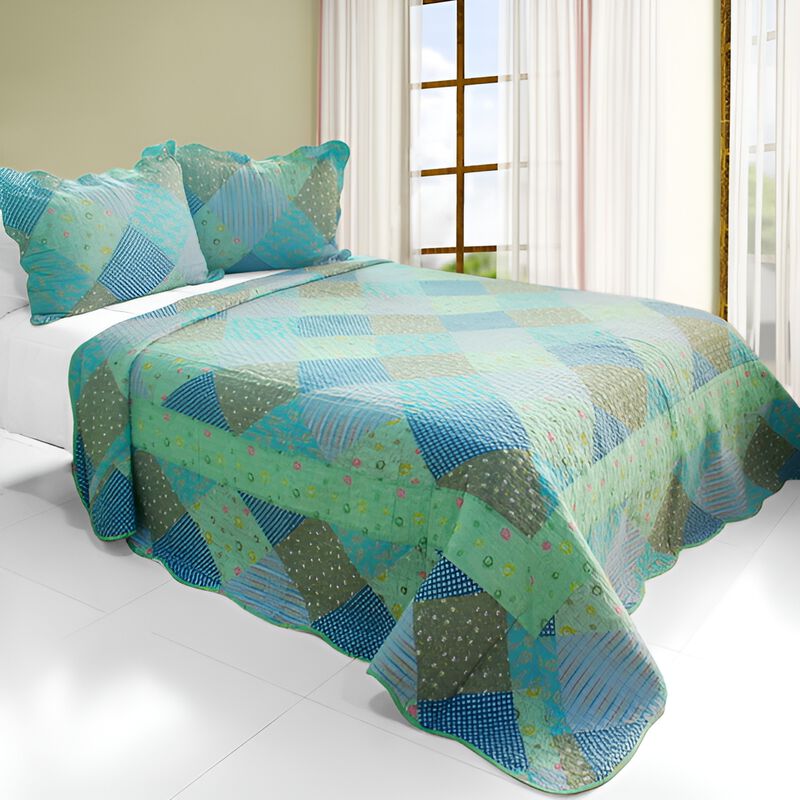 Colorful Glamor Queen 3PC Cotton Quilted Printed Bedding Set Soft Lightweight Quilt Set image number 0