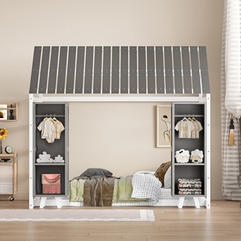 Merax Kids Floor Bed with Two Movable Wardrobes