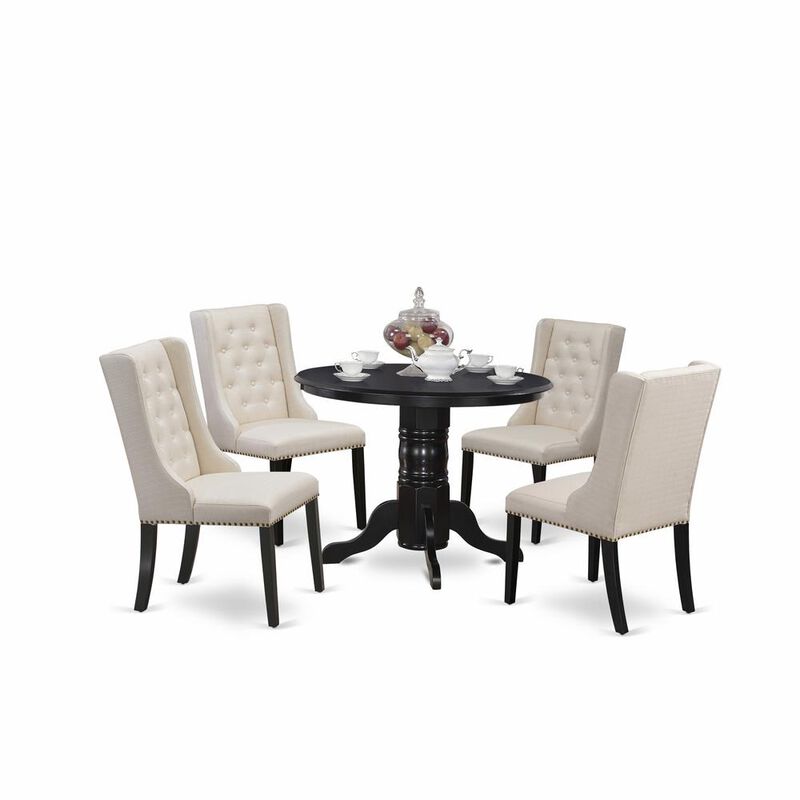East West Furniture SHFO5-BLK-01 5-Piece Dinette Set Includes 1 Pedestal Dining Table and 4 Cream Linen Fabric Upholstered Dining Chairs with Button Tufted Back - Black Finish