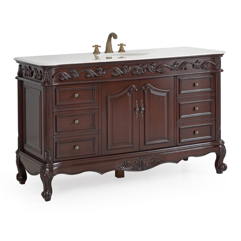 56 Inch Traditional Style Brown Beckham Bathroom Sink Vanity With White Top image number 1