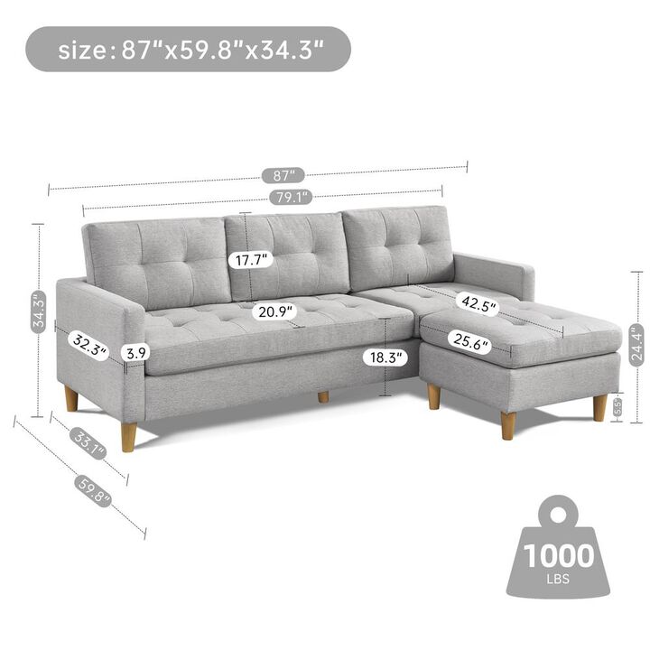 OS Home and Office Furniture Two Piece Upholstered Tufted L Shaped Sectional with Ottoman in Light Grey