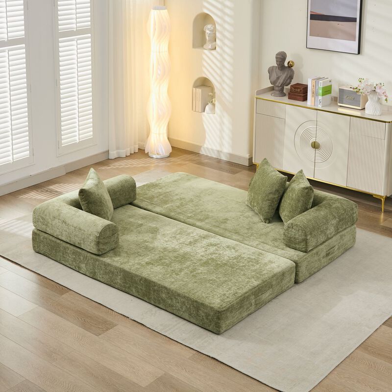 Convertible Folding Mattress Couch, Chenille Floor Sofa with Armrest, Floor Sofa Lounge Couch image number 9