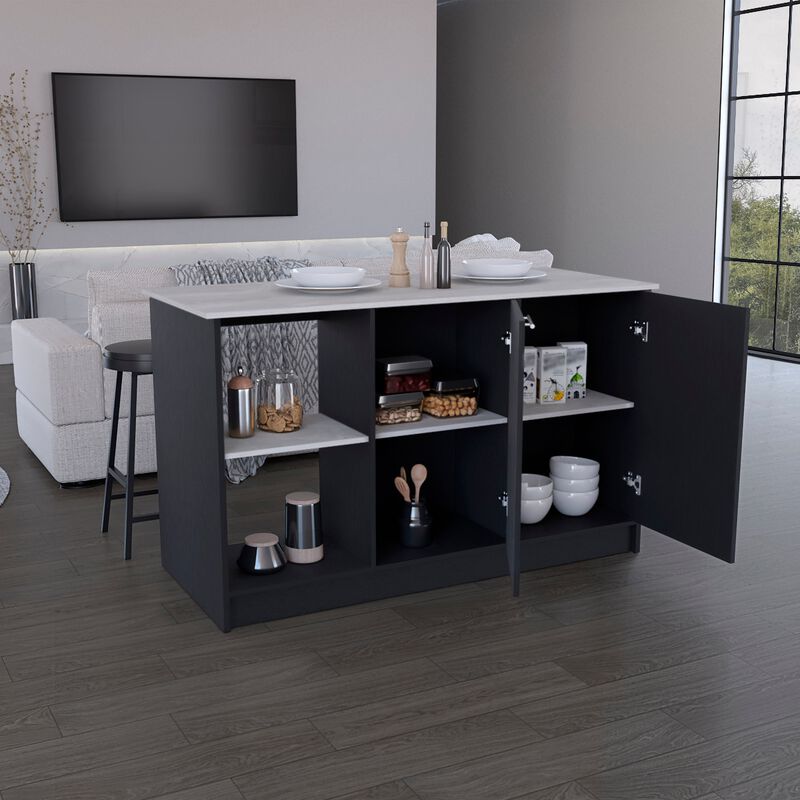 DEPOT E-SHOP Coral Kitchen Island with Large Countertop, Open Storage Shelves and Double Door Cabinet