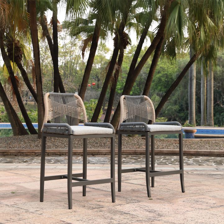 2 Pieces Wicker and Aluminum Modern Barstools with Cushion