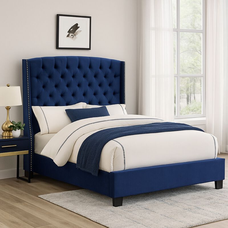 Mona Queen Size Bed, Navy Blue Velvet Upholstery, Nailhead Wingback Headboard