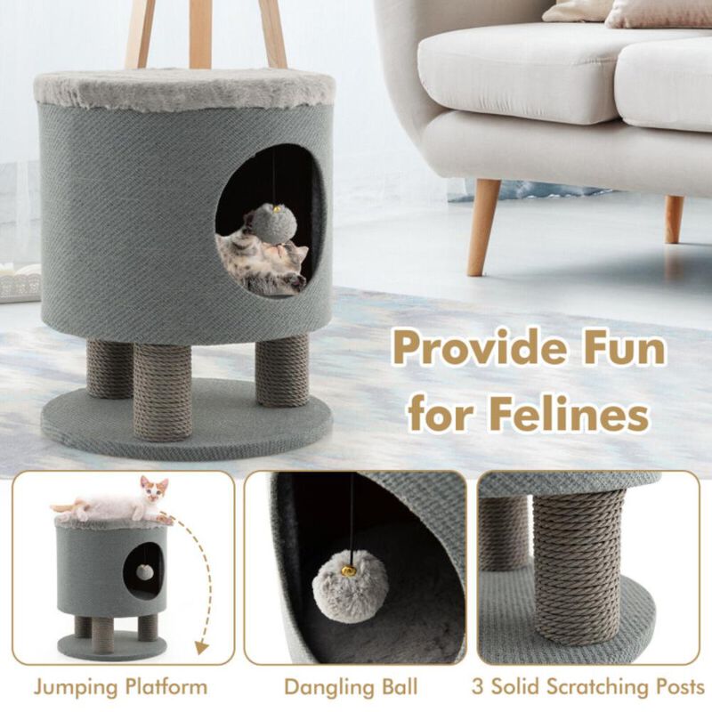 Hivvago 3-in-1 Cat Condo Stool Kitty Bed with Scratching Posts and Plush Ball Toy