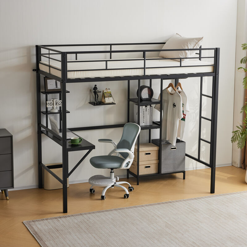 Heavy-Duty Loft Bed with Desk, Storage Shelves, Guardrails & Dual Ladders, No Box Spring Needed image number 4