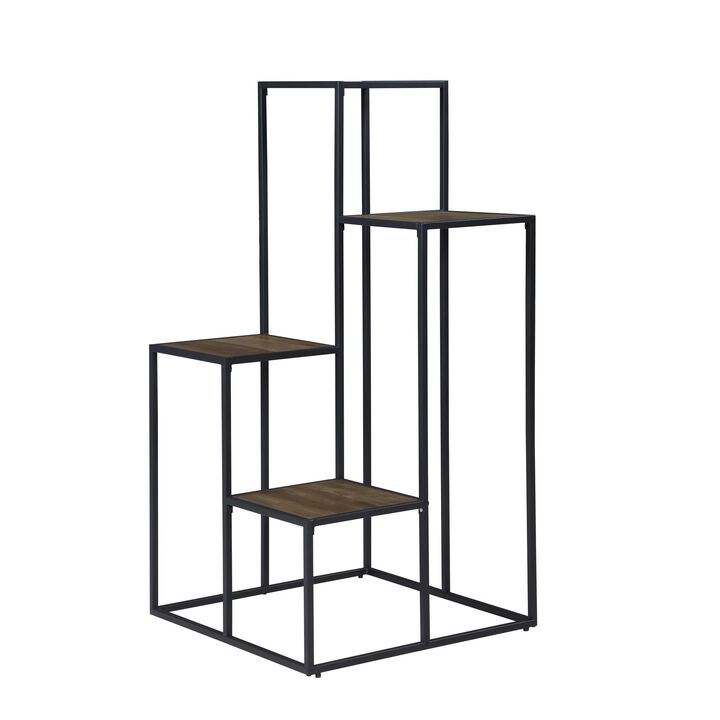 50 Inch 4 Tier Design Display Shelf, Metal Frame, Industrial, Brown, Black-Benzara