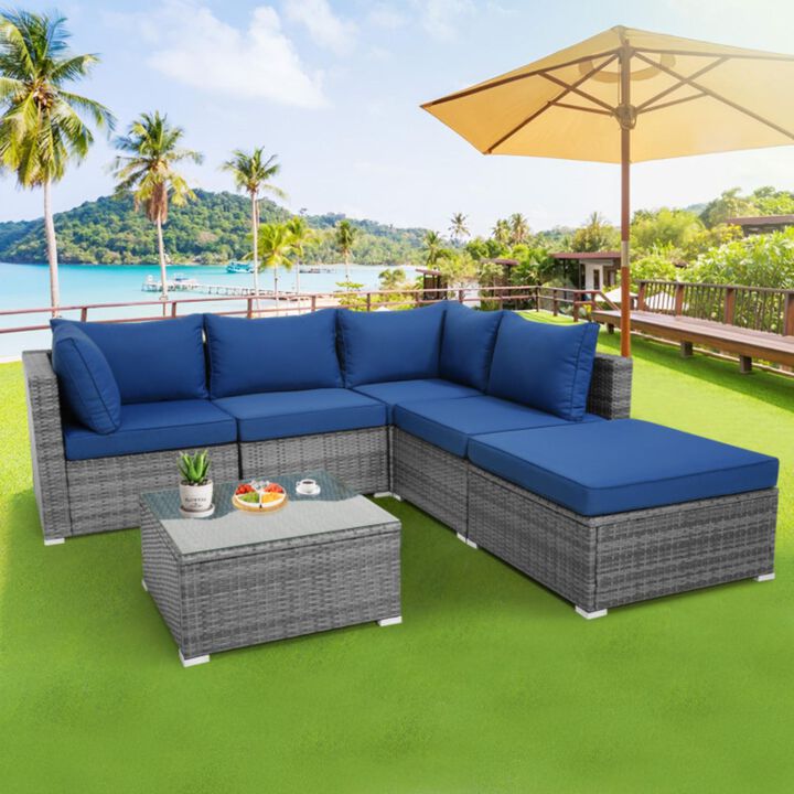 Hivvago 6 Pieces Outdoor Rattan Sofa Set with Seat and Back Cushions-Navy