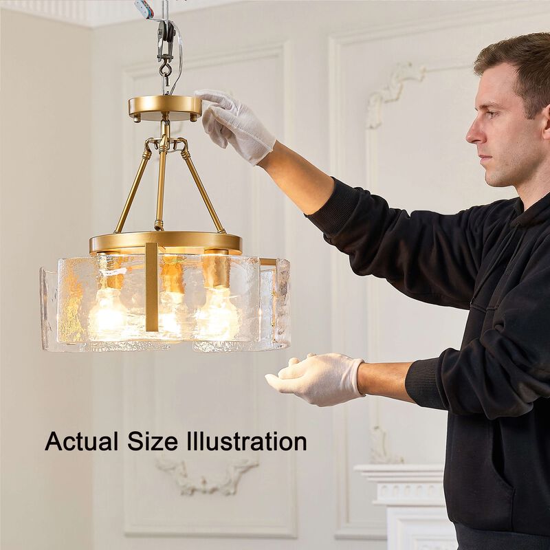 Cintia Gloss Brass 3-Light Water Textured Glass Panel Drum Semi Flush Mount image number 6