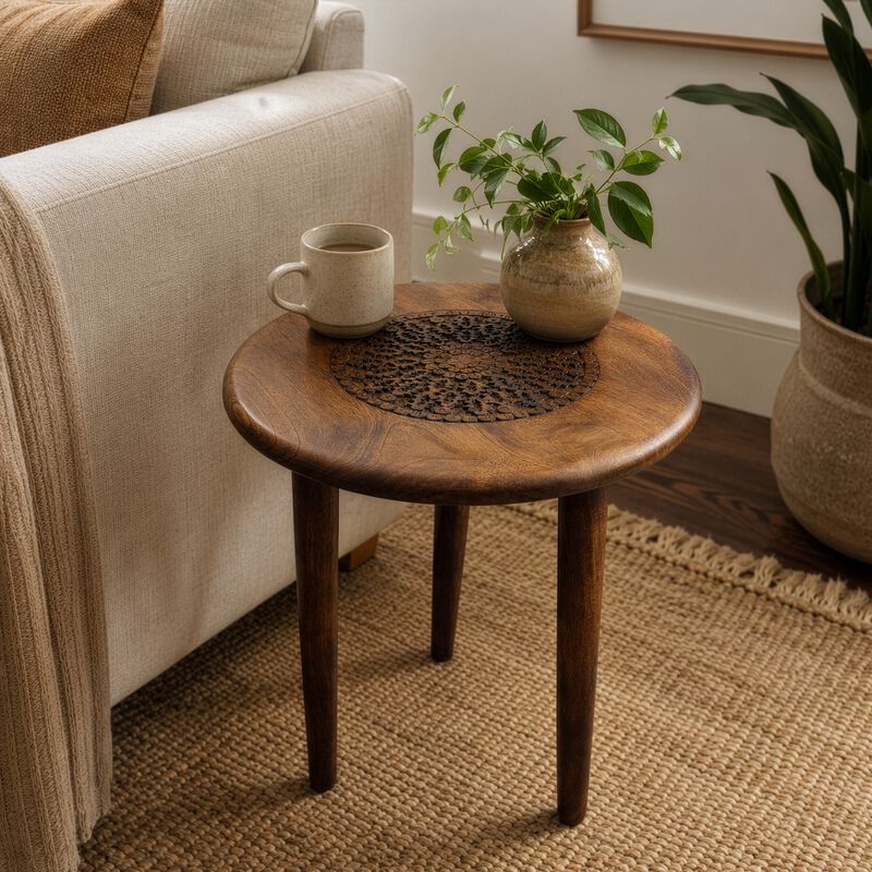 Ama 22 Inch Side End Table, Round Top, Indian Mandala Floral Carving, 3 Legs, Brown Mango Wood image number 7