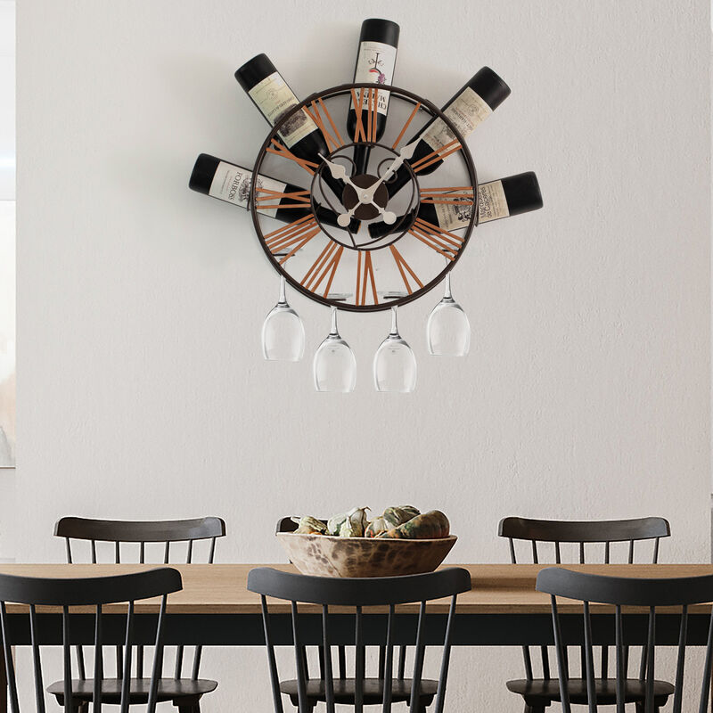 Vintiquewise Wall-Mounted Clock Design Wine Holder with Stemware Rack - Unique Shelf for Champagne, White & Red Wine Organizer with 4 Glass Holders, Wine Bottle Display for Home, Kitchen and Bar Decor