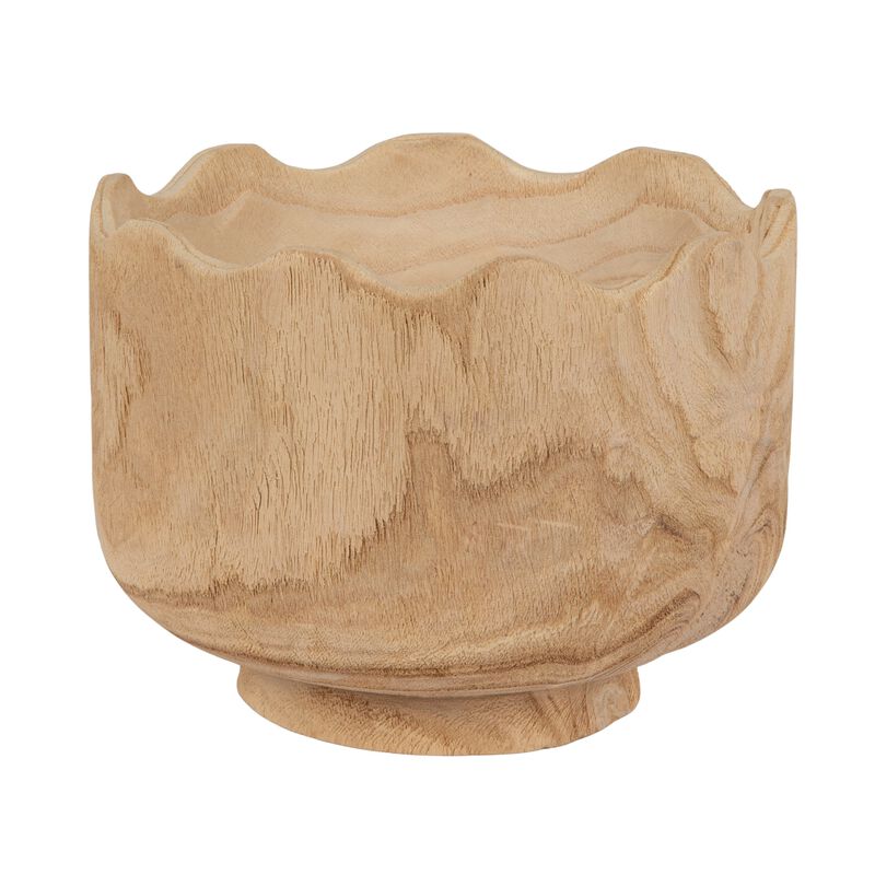 Tall Scalloped Edge Paulownia Wood Decorative Bowl, Natural Finish image number 0