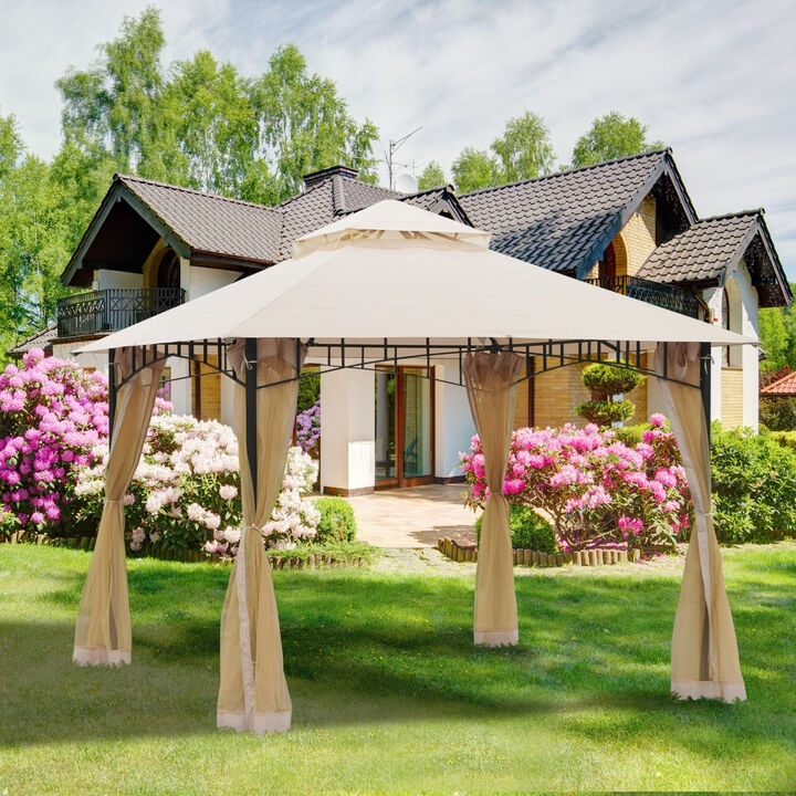 10'x10' Outdoor Patio Gazebo Canopy Metal Canopy Tent with 2-Tier Roof and Mesh Netting for Backyard, Beige